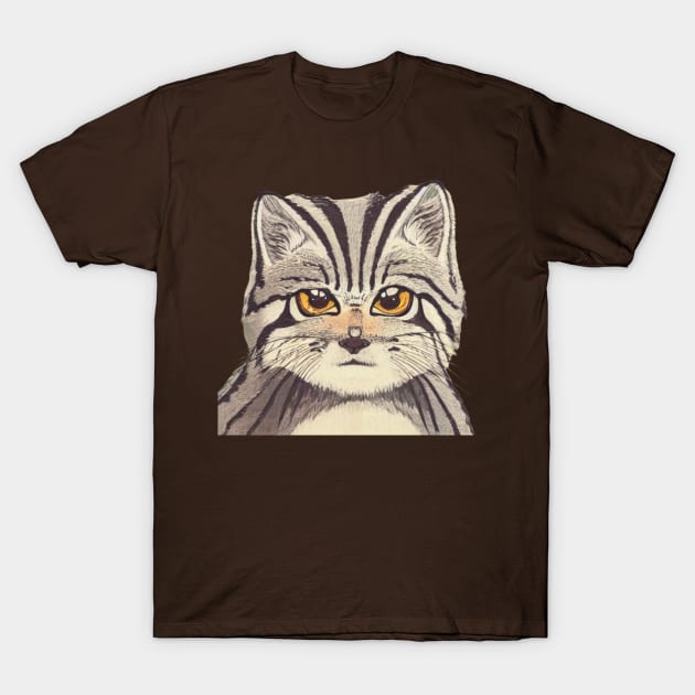 Cute Pallas Cat with Adorable Kitten Face in Vintage Manul T-Shirt by Mochabonk